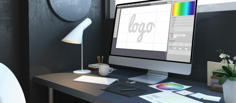 logo design workplace mockup interior 3d rendering